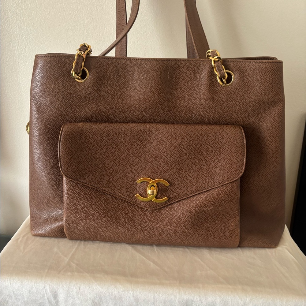 CHANEL Brown Caviar Leather Tote with Gold CC Hardware VINTAGE